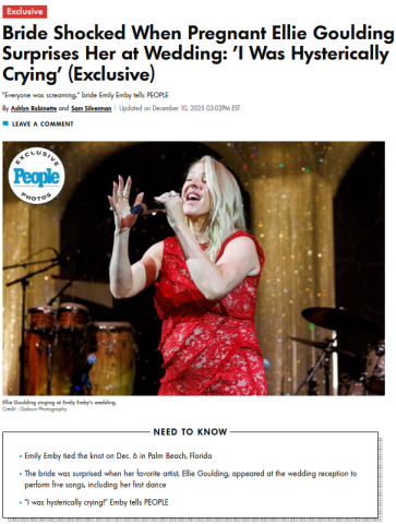 Bride Shocked When Pregnant Ellie Goulding Surprises Her at Wedding: 'I Was Hysterically Crying' (Exclusive)